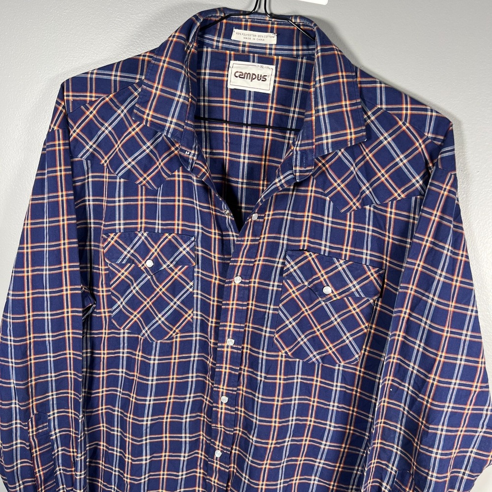 True Vintage Campus Shirt Mens XL Blue Plaid Pearl Snap Long Sleeve Western 70s